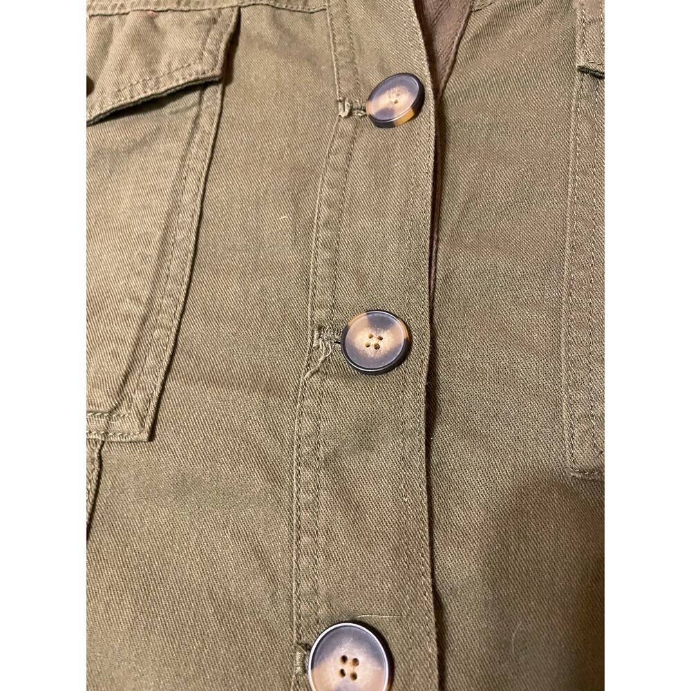 Timing Army Green Cropped Button Up Collared Two Pocket Cotton Utility Jacket Lg - Picture 8 of 11
